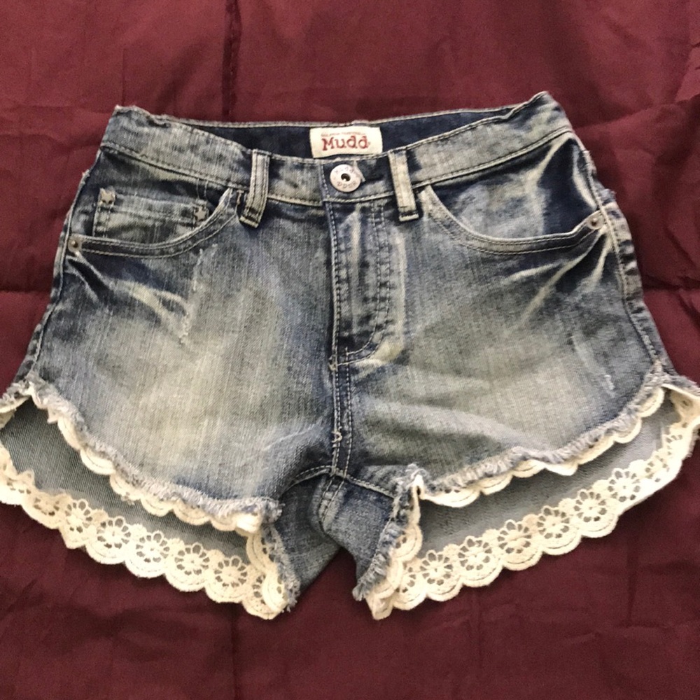High Waist Mudd Lace Trimmed Denim Shorts